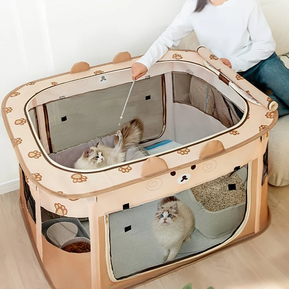 nteractive play area cage for cats with a cozy interior and toys.