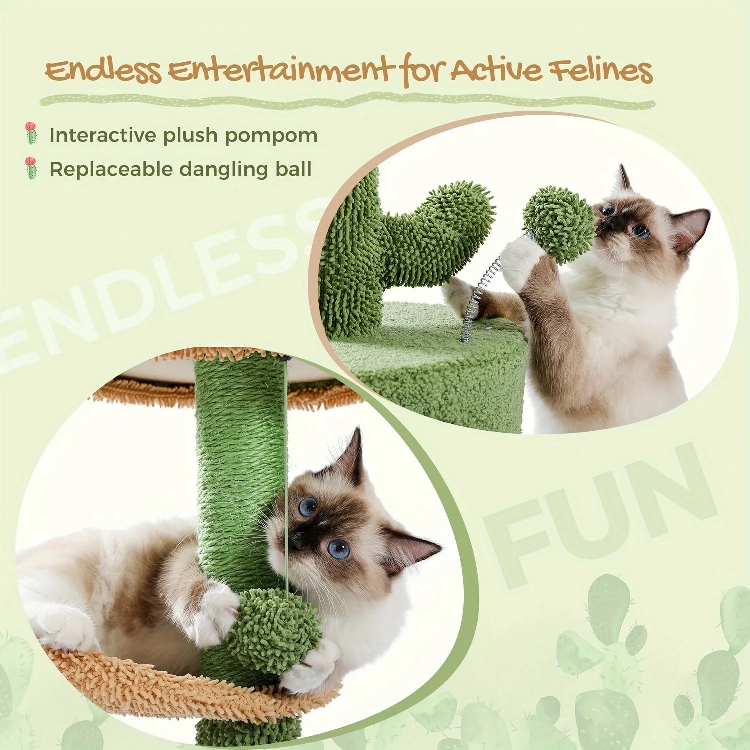 Interactive plush pompom and replaceable dangling ball on a green cat tower and scratching post, offering endless entertainment for active cats.