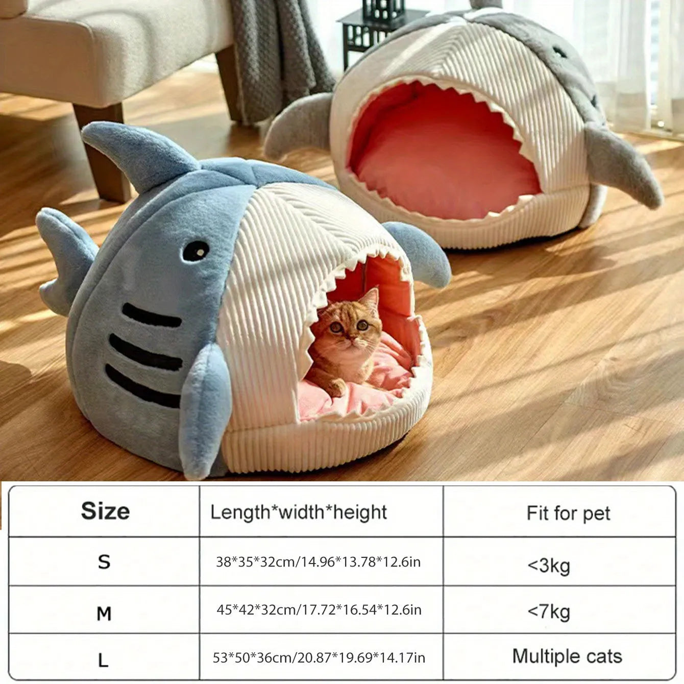 Plush large cat bed in shark design with soft pink cushion for a comfortable pet experience.