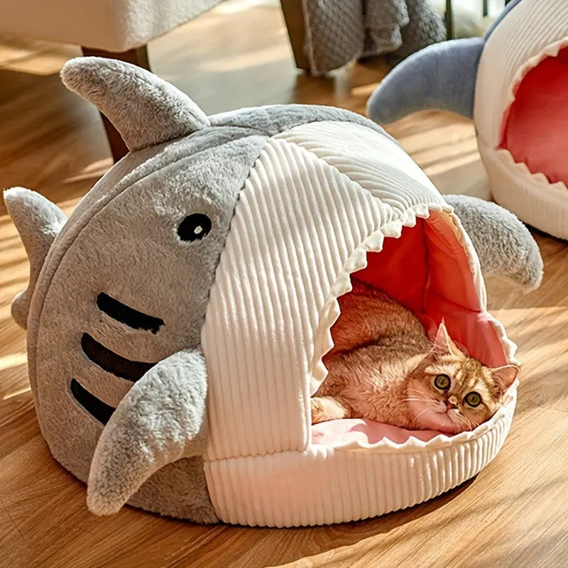 Large shark-themed cat bed with plush cushioning, ideal for pet relaxation and comfort.