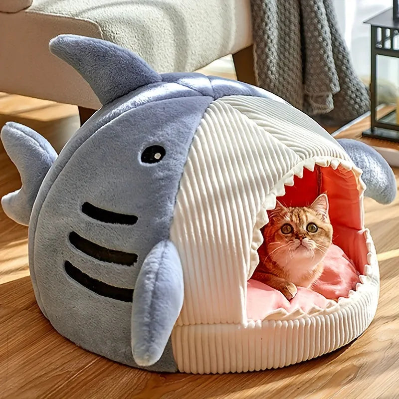 Large shark-shaped cat bed serving as a hideout, suitable for cats and small dogs.