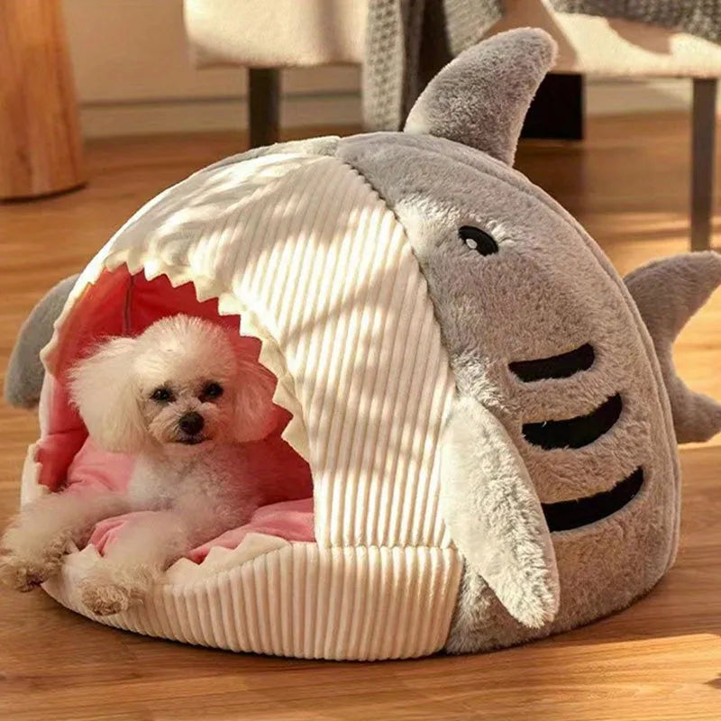 Shark-themed large cat bed, designed for cats and small dogs with soft, comfortable padding