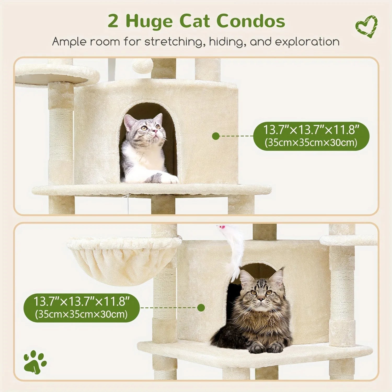 Close-up of two large cat condos on a chewy cat tree, offering room for hiding, stretching, and exploring.