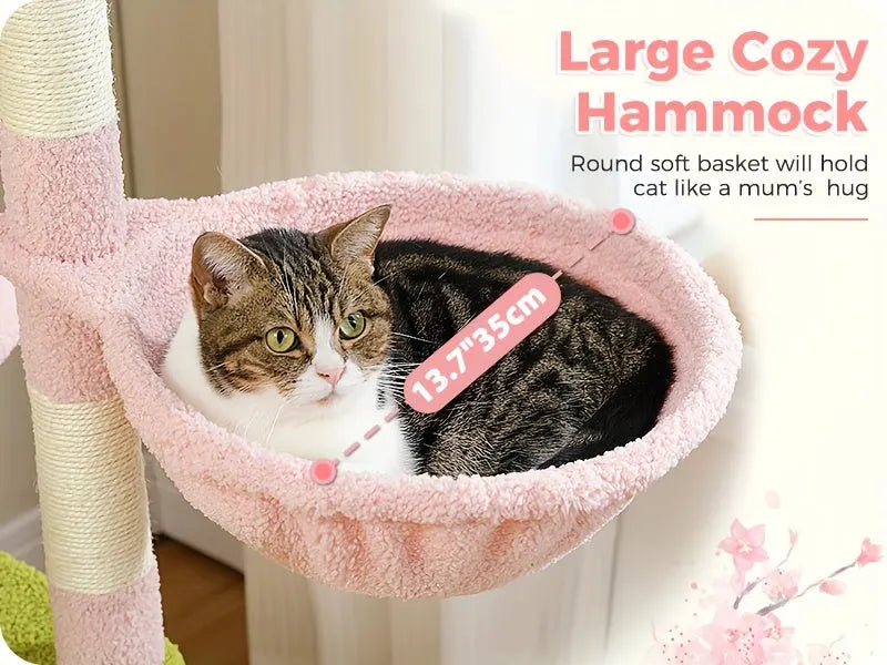 Soft and large-topped bed on a cat tree, offering spacious and plush comfort for large cats to lounge and rest."