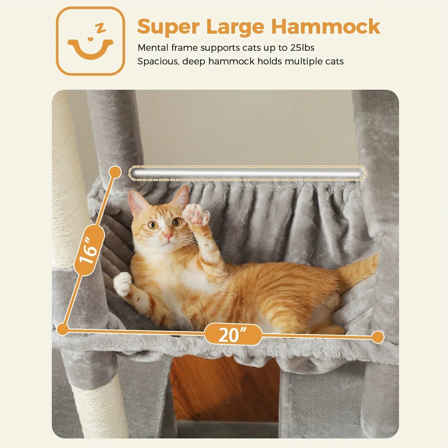 Best cat tree featuring a spacious 20-inch by 16-inch hammock with a sturdy frame, supporting cats up to 25 pounds for ultimate comfort.