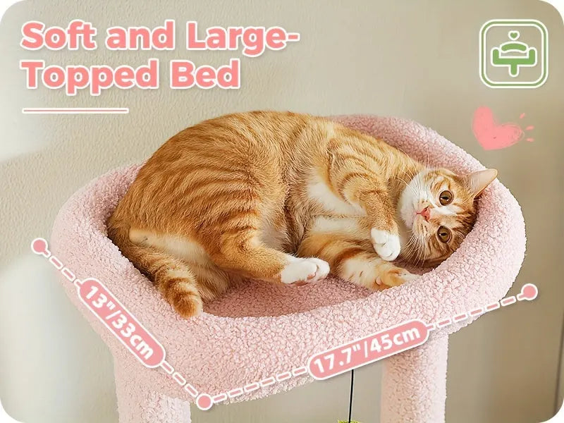 Cloud-like soft cat seat on a cat tree, filled with premium quality fibers and covered with soft carpet cloth for ultimate comfort."

