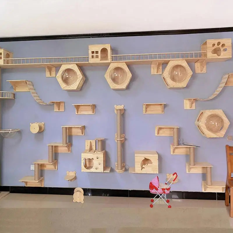 Large wall-mounted cat play shelves set featuring multiple hexagon cubbies and walkways for an interactive cat experience