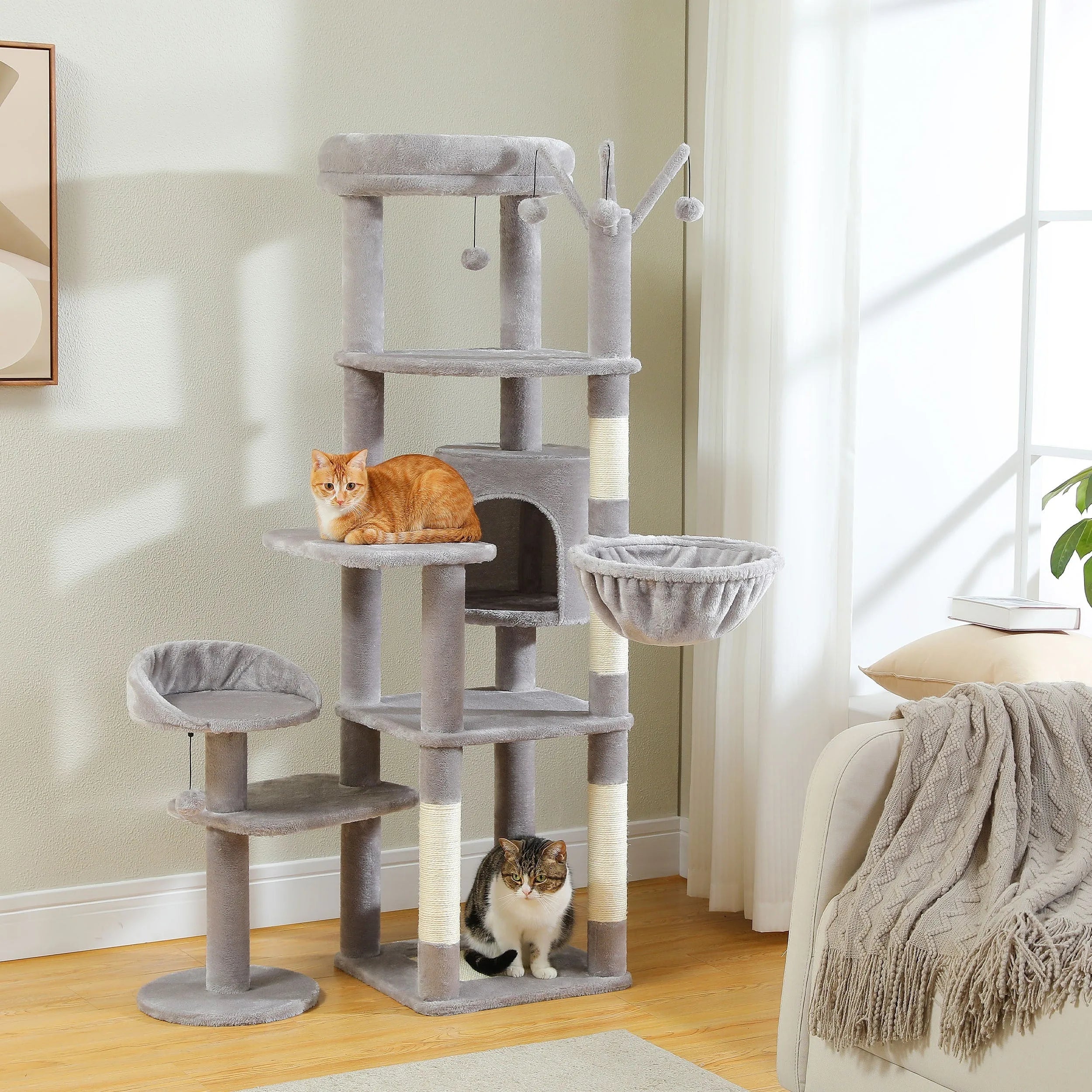 A chic light gray cactus cat tree featuring a cozy hammock, plush platforms, and sturdy sisal-wrapped posts for scratching."