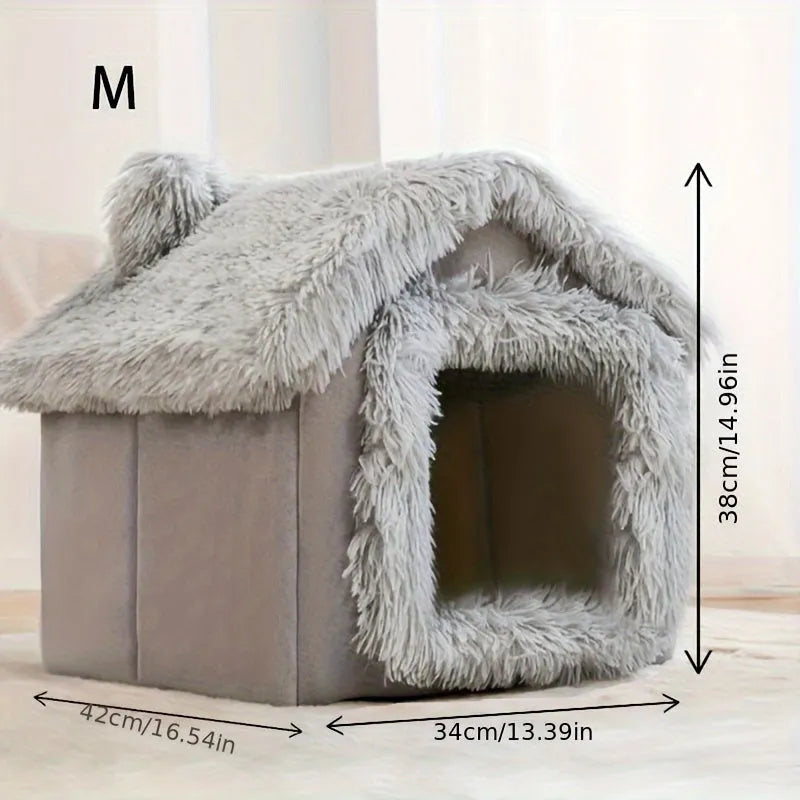 Medium grey covered cat bed with a fluffy roof and entrance, dimensions displayed.