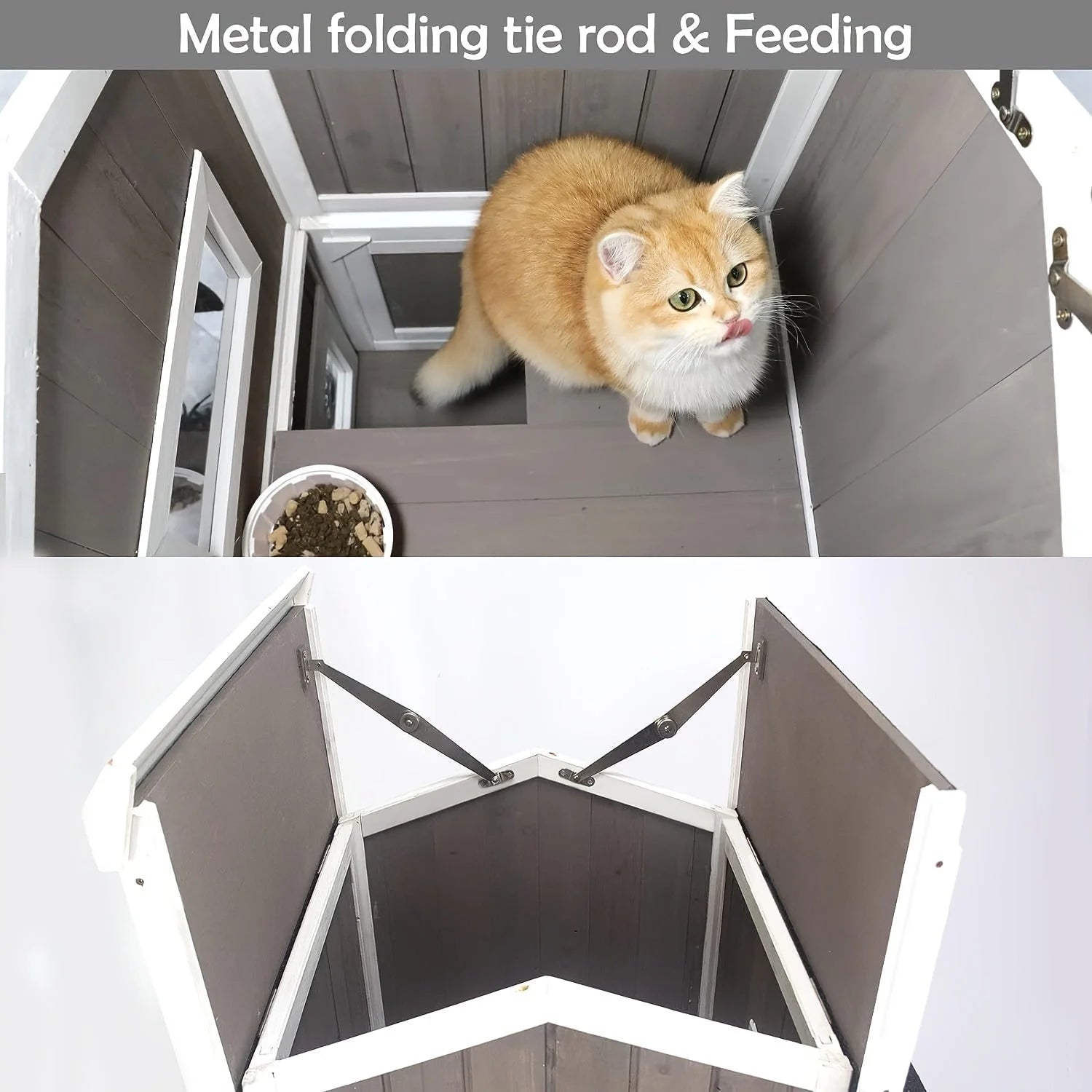 Outdoor feral cat house showcasing metal folding tie rod and feeding area with a cat inside