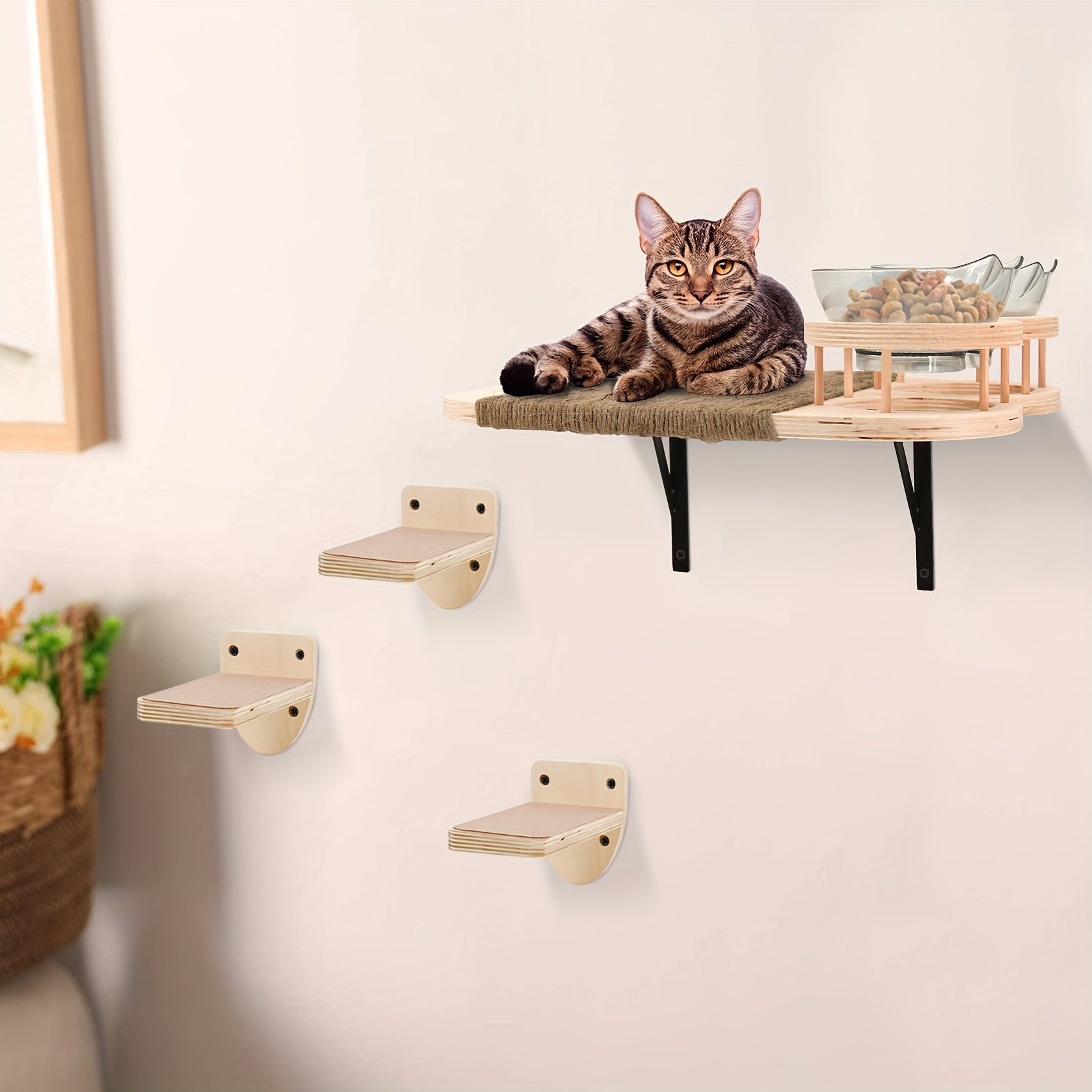 Minimalistic cat perch wall mount in light wood, equipped with a food bowl and climbing steps.