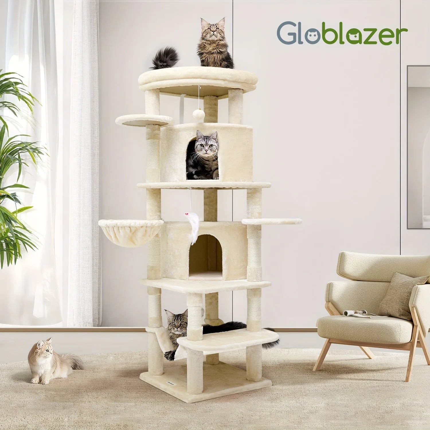 Chewy curved corner cat tree featuring natural curves and arcs, with multiple levels and playful spaces for cats.