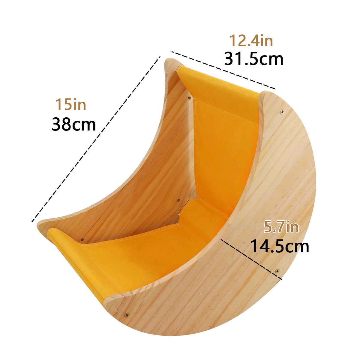 Moon-shaped wooden cat shelf with detailed dimensions, perfect for wall mounting and cozy resting.