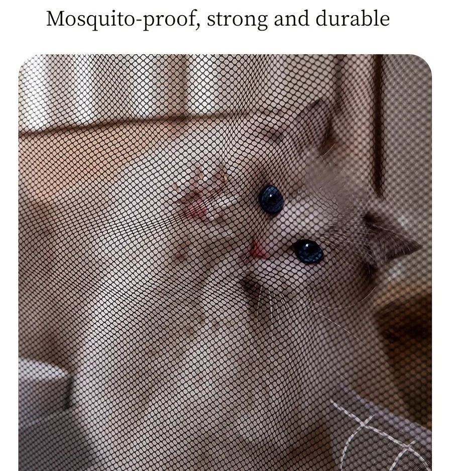 Cat pressing against a durable mosquito-proof mesh cage for cats.