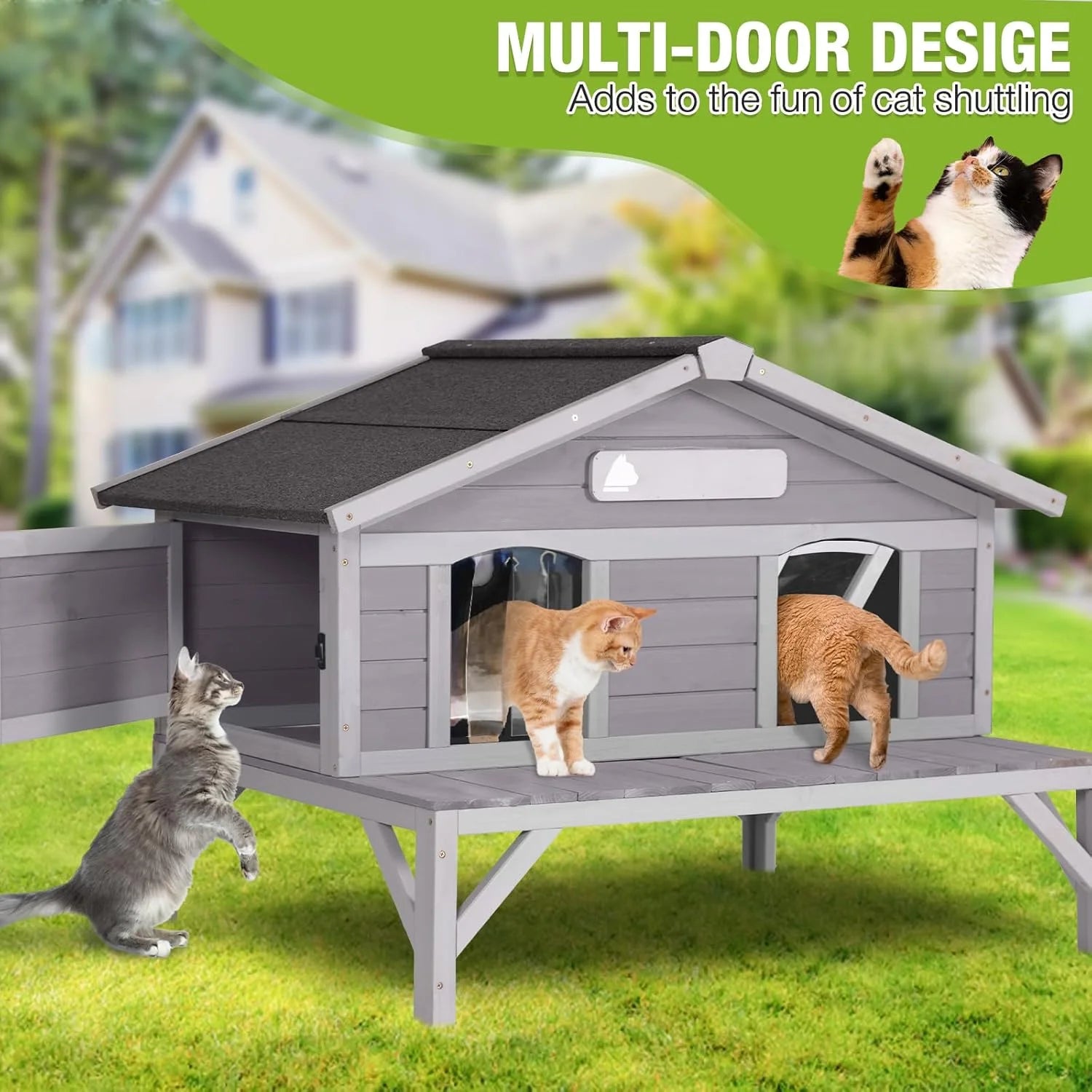 Multi-door heated cat house for outdoor cats with ample space for playing, lounging, and protection from the elements.