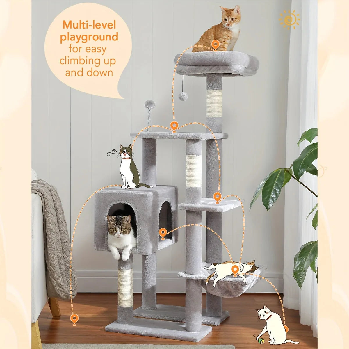 multi-level playground cat condo with easy climbing options, featuring hammocks, perches, and spacious platforms.