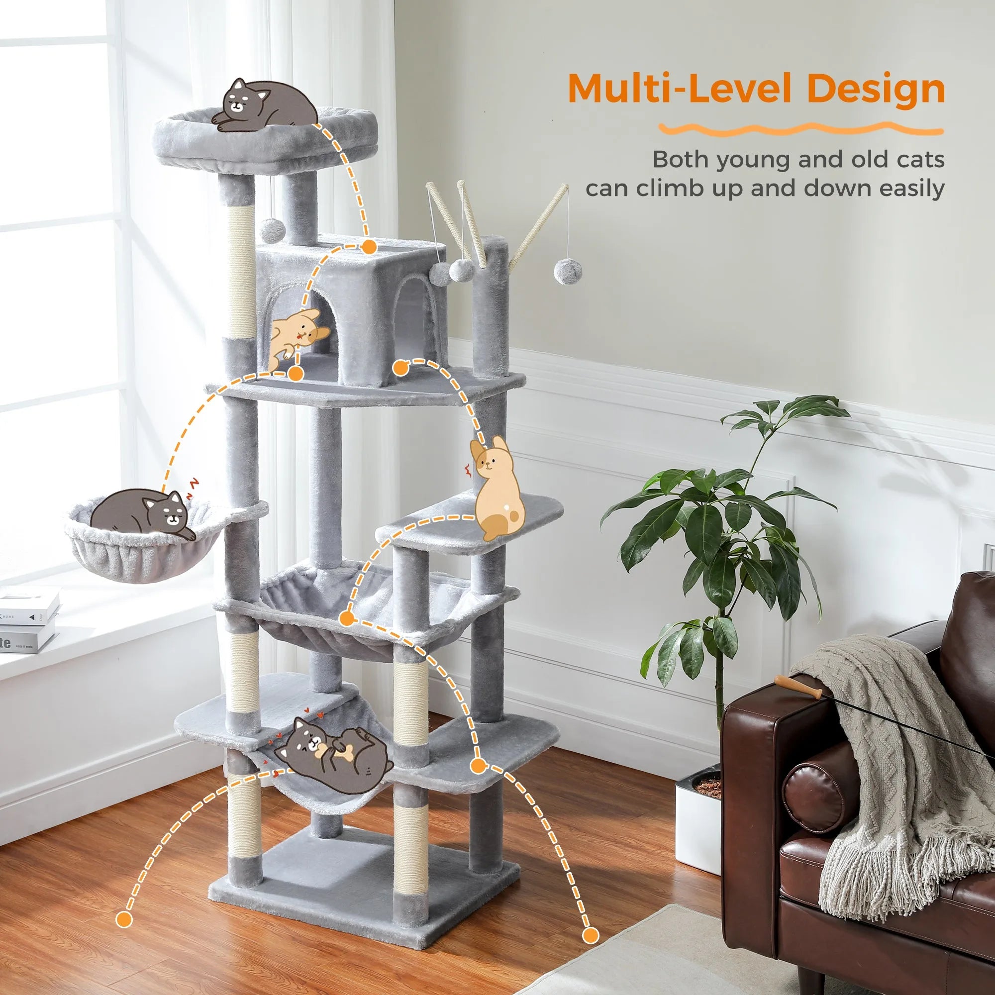 Multi-level cat condo for large cats with illustrated climbing paths for easy accessibility for both young and old cats.