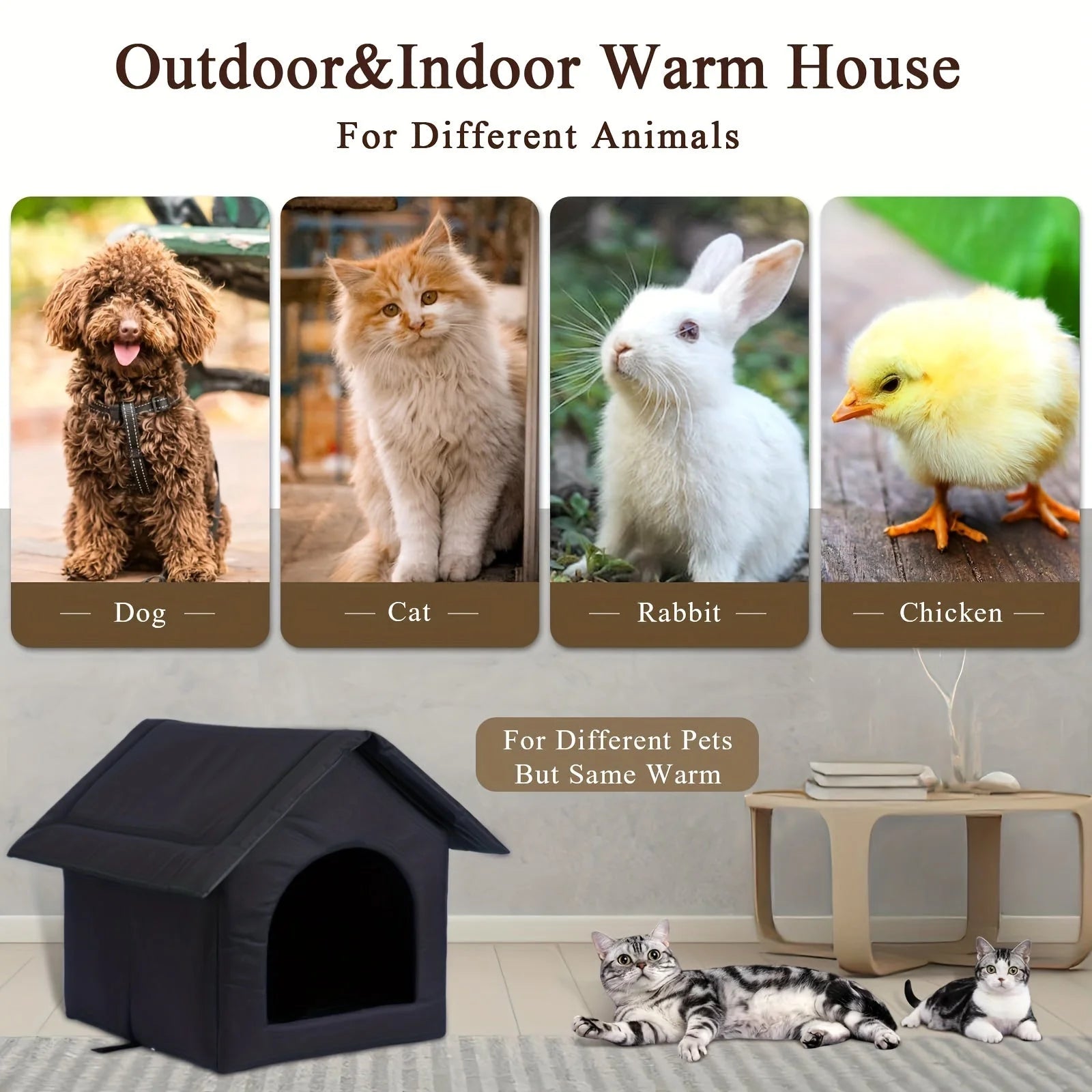 Insulated house suitable for cats, dogs, rabbits, and chickens, providing warmth during winter.