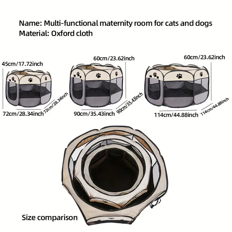 Multi-size comparison of indoor cat cages made of durable Oxford cloth, ideal for pets of all sizes.