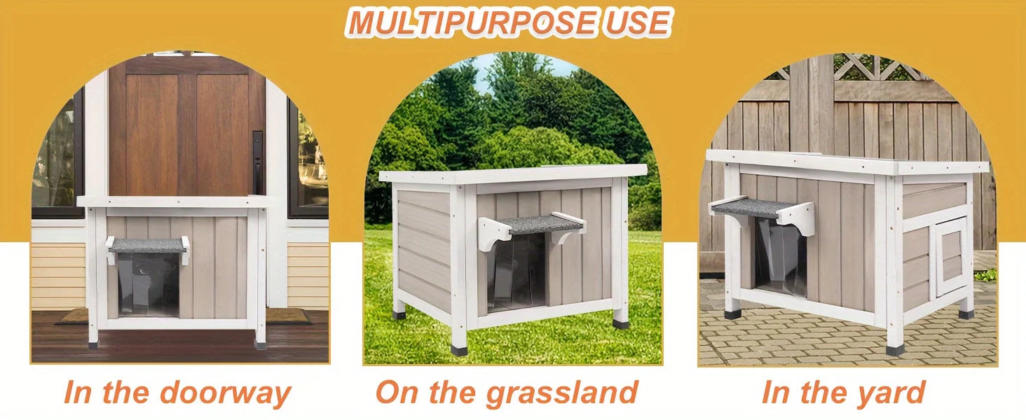 Multipurpose outdoor cat house for winter ideal for doorway, grassland, or yard placement