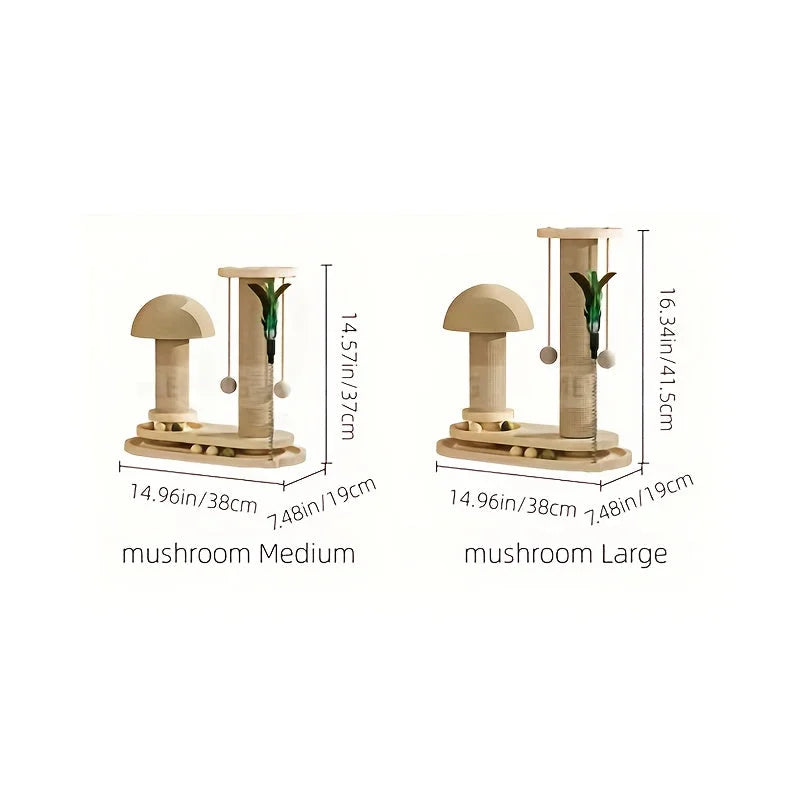 Mushroom-shaped cat tree with durable rope for cat scratching post available in medium and large sizes dimensions.