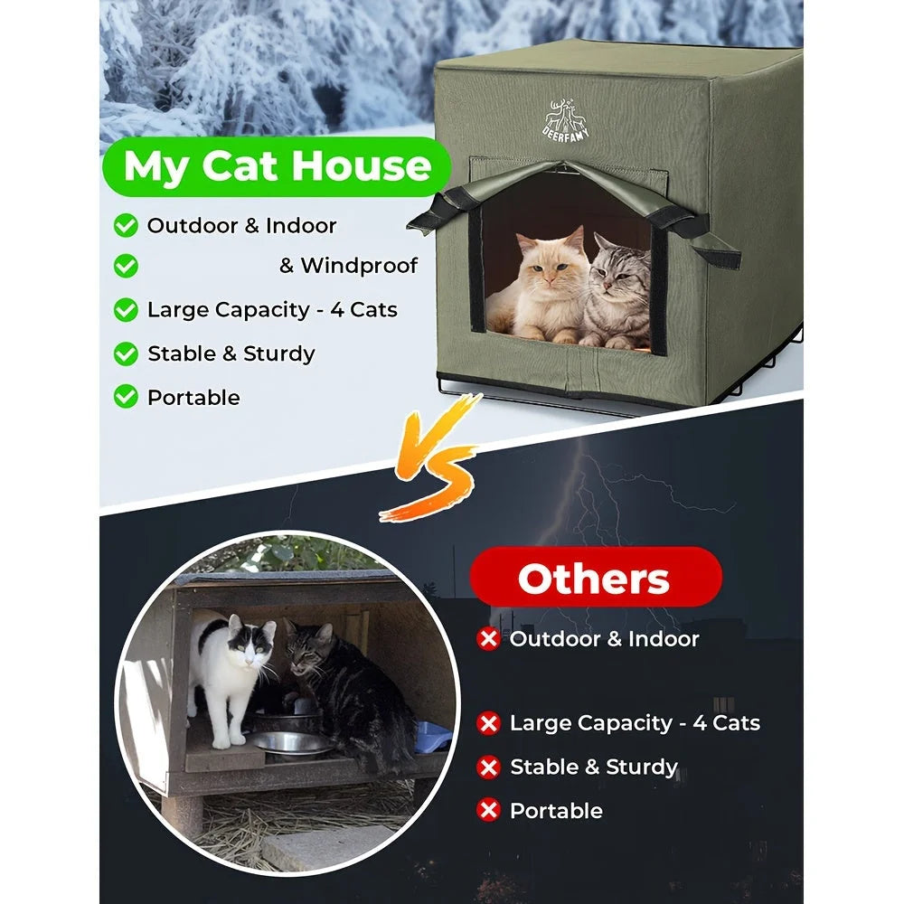 Comparison: My Cat House - windproof, indoor/outdoor, fits 4 cats, sturdy, portable. Others lack these.