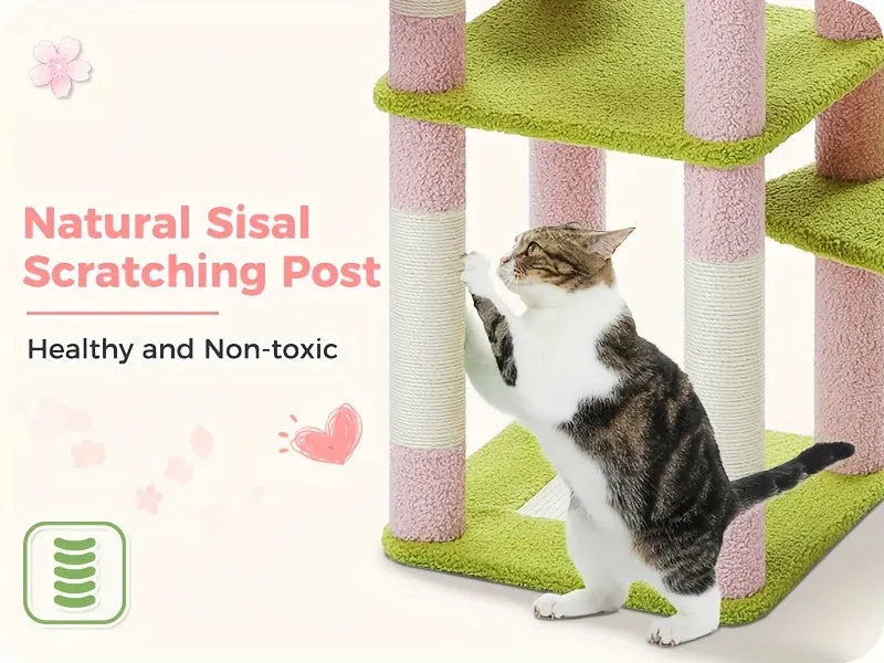 Multiple comfort relaxation spots on a cat tree, including a cozy top bed, large hammock, and a round cat condo for large cats."