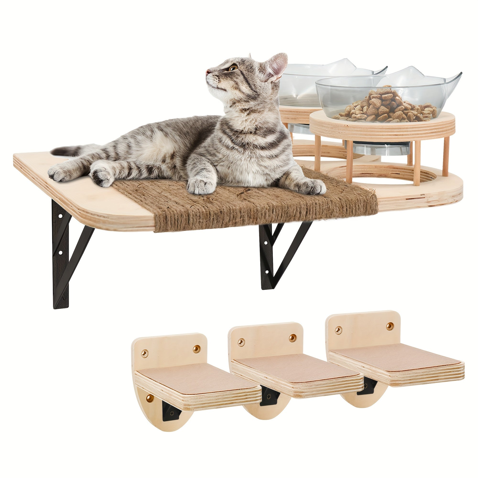 Natural wood cat perch wall mount featuring a food station and a textured jute mat for added comfort.