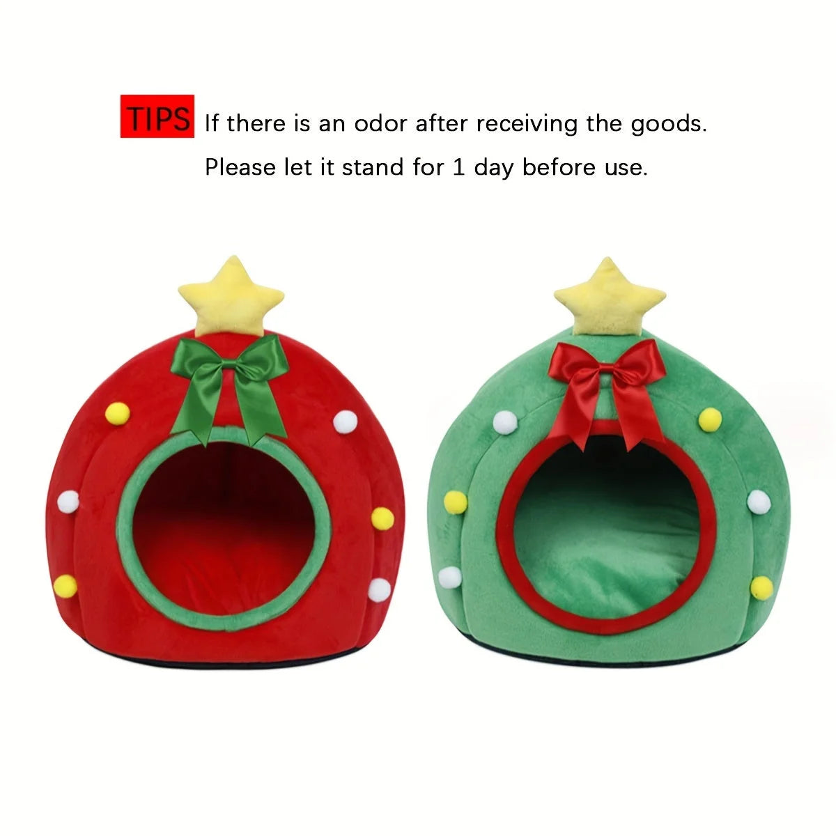 Christmas cat house odor removal tips for red and green festive cat houses with yellow stars.