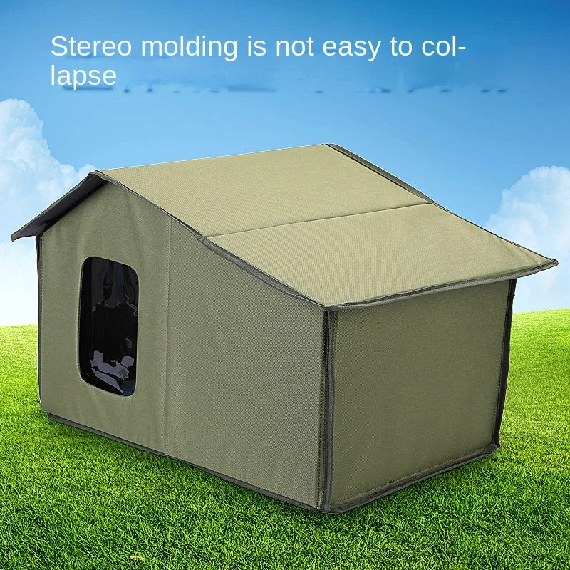 Olive green waterproof top-rated outdoor cat house with a collapsible structure.