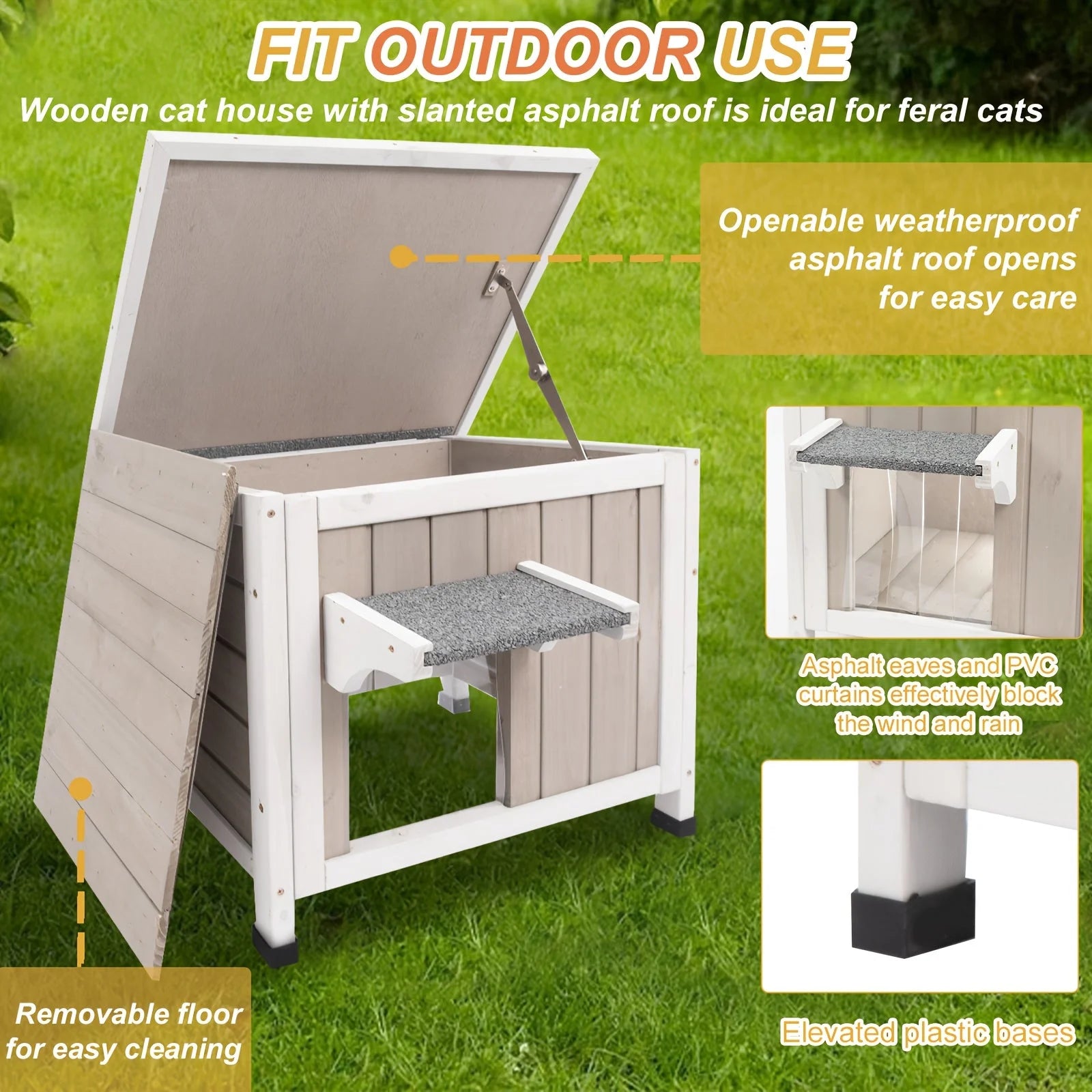 Wooden outdoor cat house with slanted asphalt roof, PVC curtains, and elevated base, ideal for winter protection for feral cats