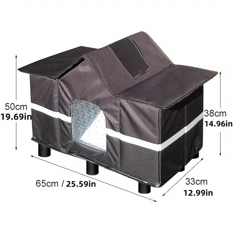 Dimensions and  Close-up of the high-quality materials in an outdoor cat house for winter, ensuring stability and durability in harsh weather