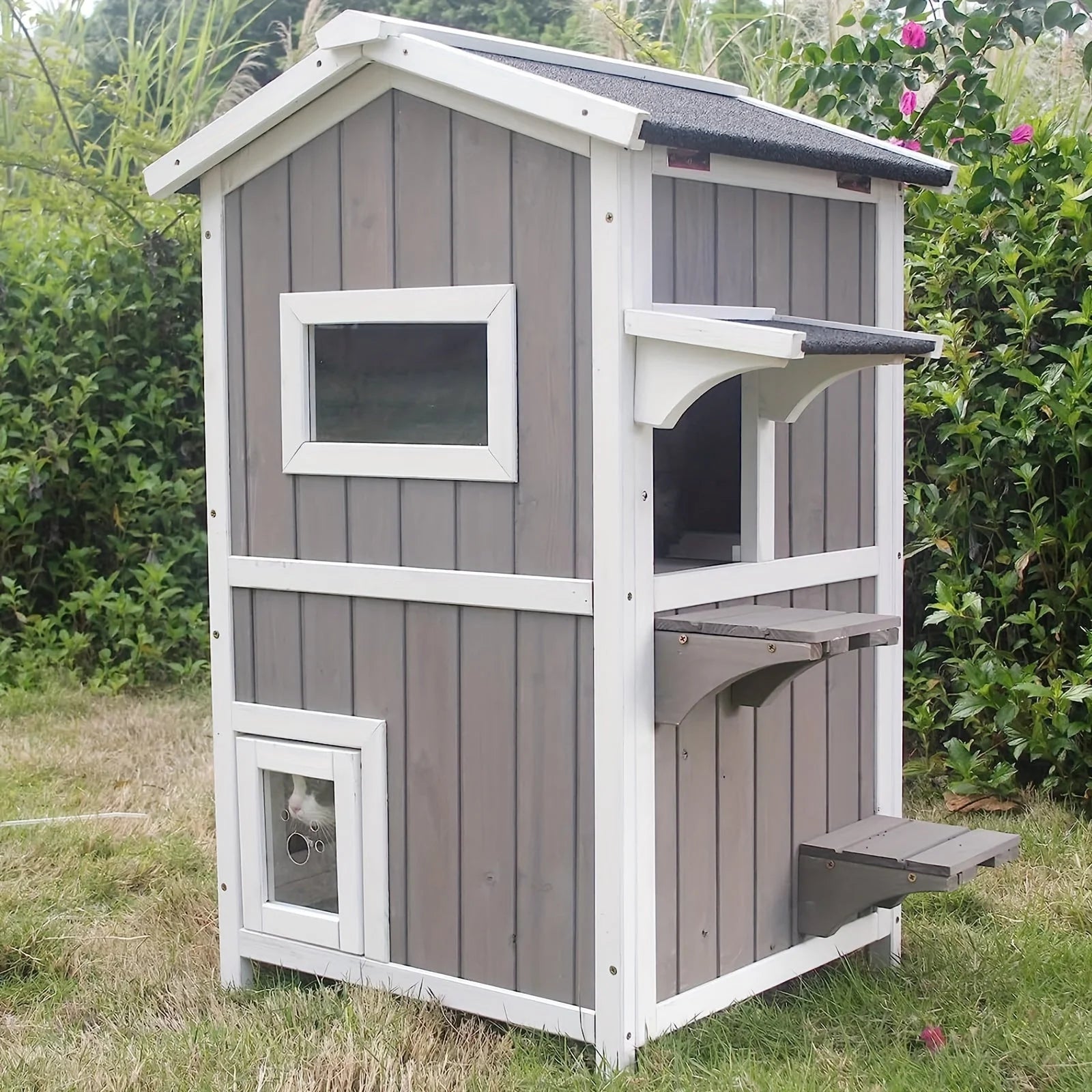 Stylish outdoor feral cat house with balcony and acrylic window set in a lush garden