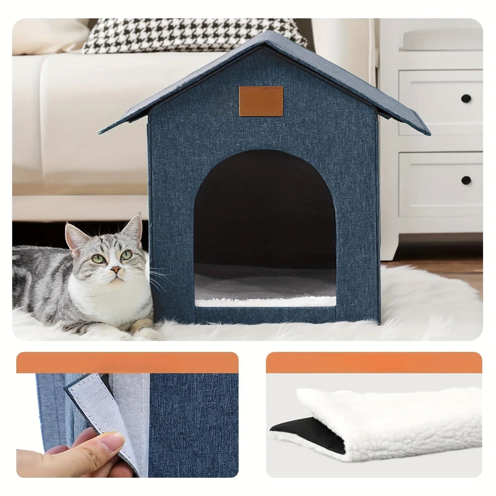 A cozy outdoor cat house with heat, featuring a denim-like finish, velcro assembly, and a removable padded interior for comfort