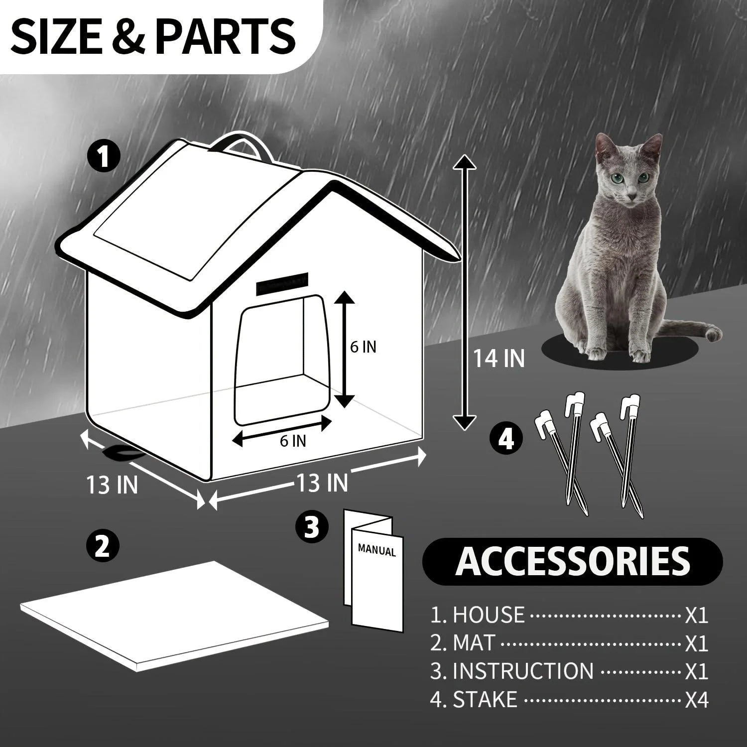 Diagram showing dimensions and parts of an outdoor cat house with heat, including stakes, mat, and instruction manual