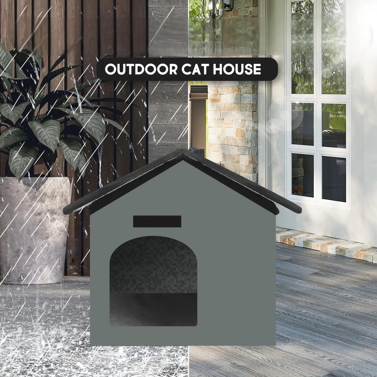 Outdoor cat house with heat, designed to withstand rain and wind while keeping cats warm and cozy