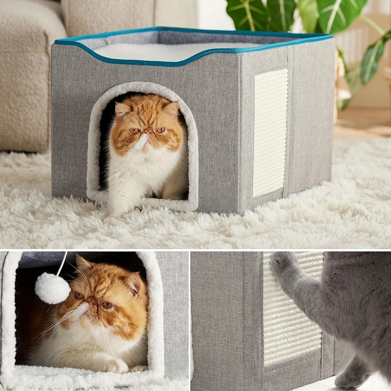 A modern cube-style outdoor cat house with heat, featuring a plush interior, scratching panel, and playful hanging toy