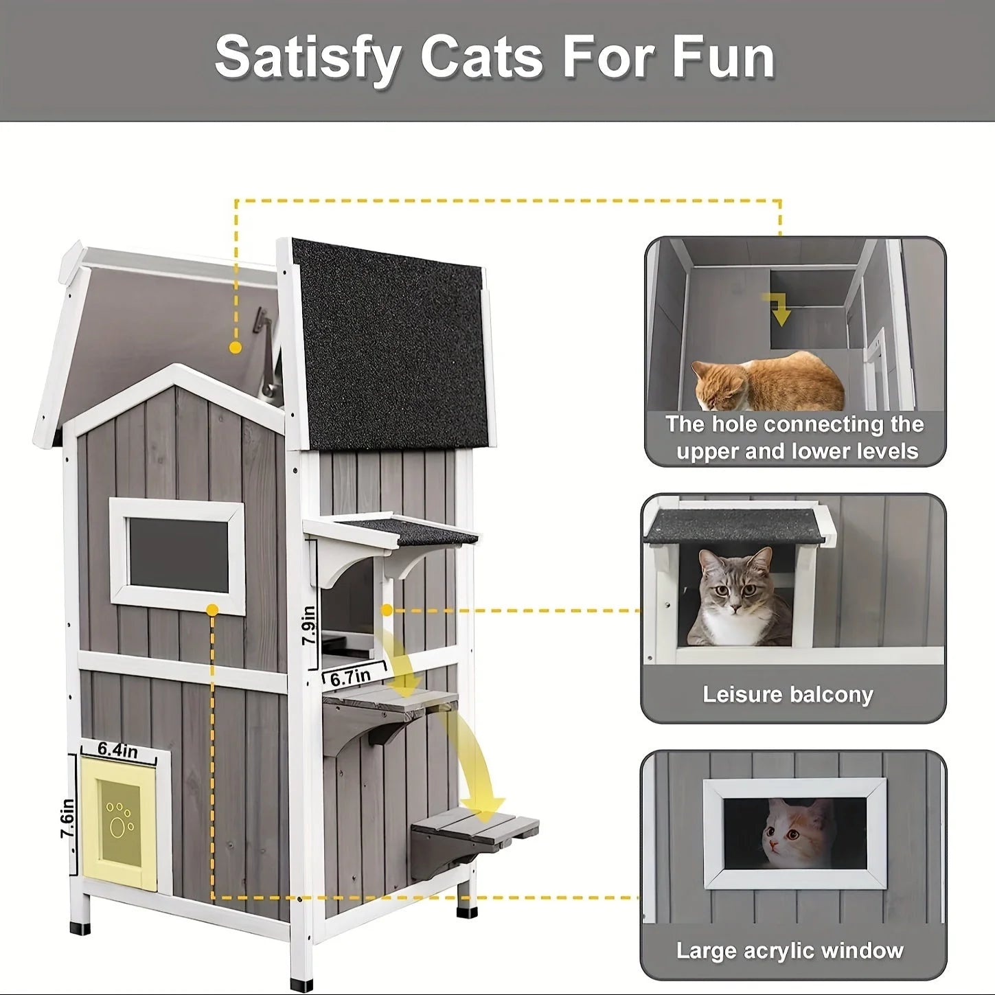 Outdoor feral cat house with labeled features including leisure balcony, large acrylic window, and upper-level connecting hole