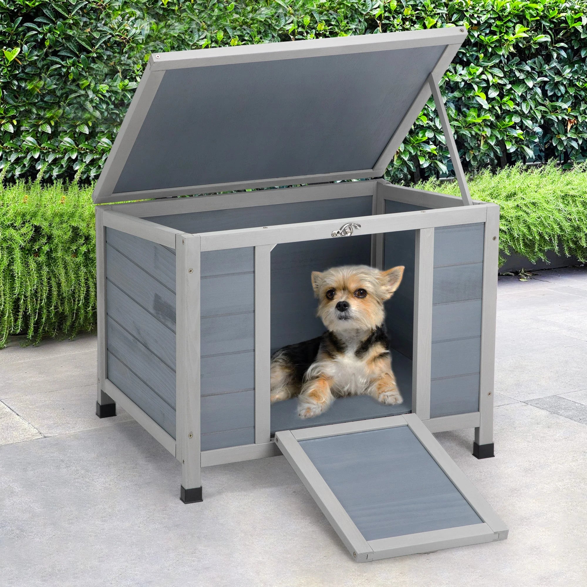 Outdoor insulated cat house with a small dog inside, demonstrating versatility for small pets