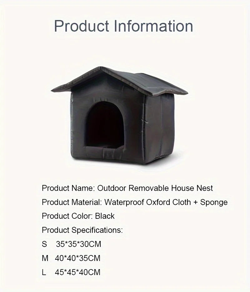 Product information for an outdoor shelter for stray cats, including specifications, material, and sizes