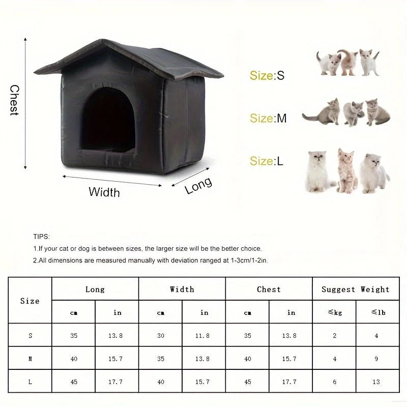 Detailed size chart for outdoor shelter for stray cats, including small, medium, and large options with dimensions and suggested weight