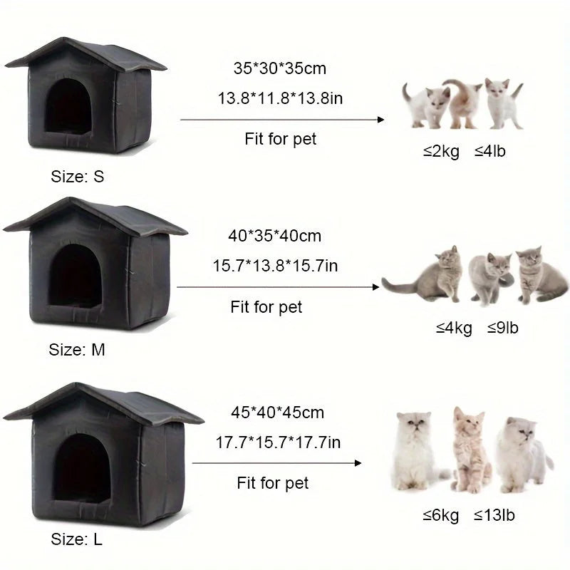 Size guide for outdoor shelter for stray cats, showing small, medium, and large options with dimensions and weight suitability