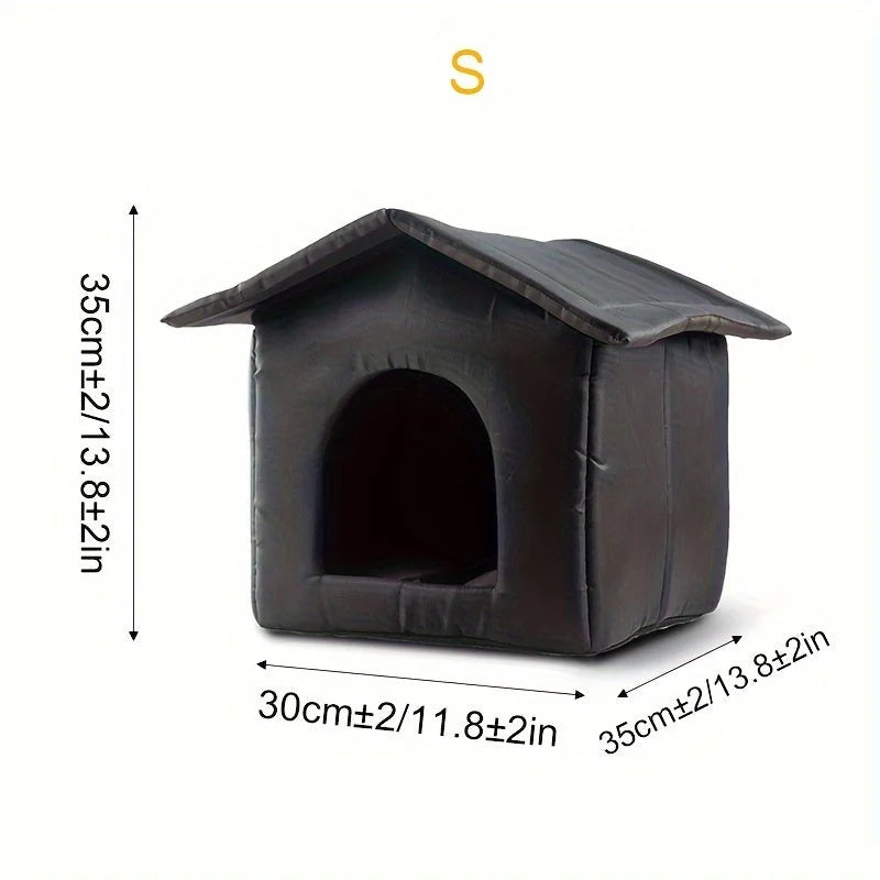 Small outdoor shelter for stray cats with labeled dimensions for size reference