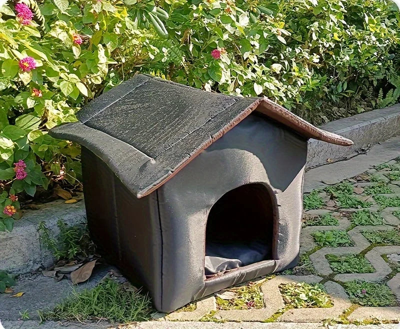 Side-angle view of an outdoor shelter for stray cats under natural light