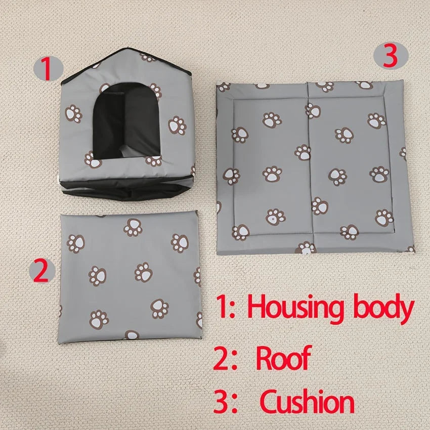 Assembly parts of an outdoor cat house weatherproof, including housing body, roof, and cushion