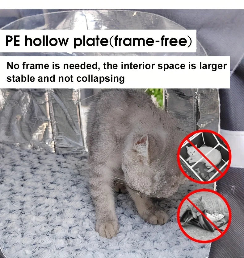 PE hollow plate frame-free structure in an outdoor cat house for winter, offering stable and spacious interior comfort