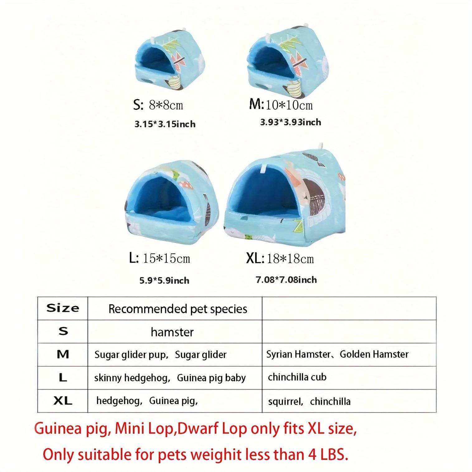 Pet size guide: S to XL, fits small pets like hamsters, guinea pigs, chinchillas under 4 lbs.