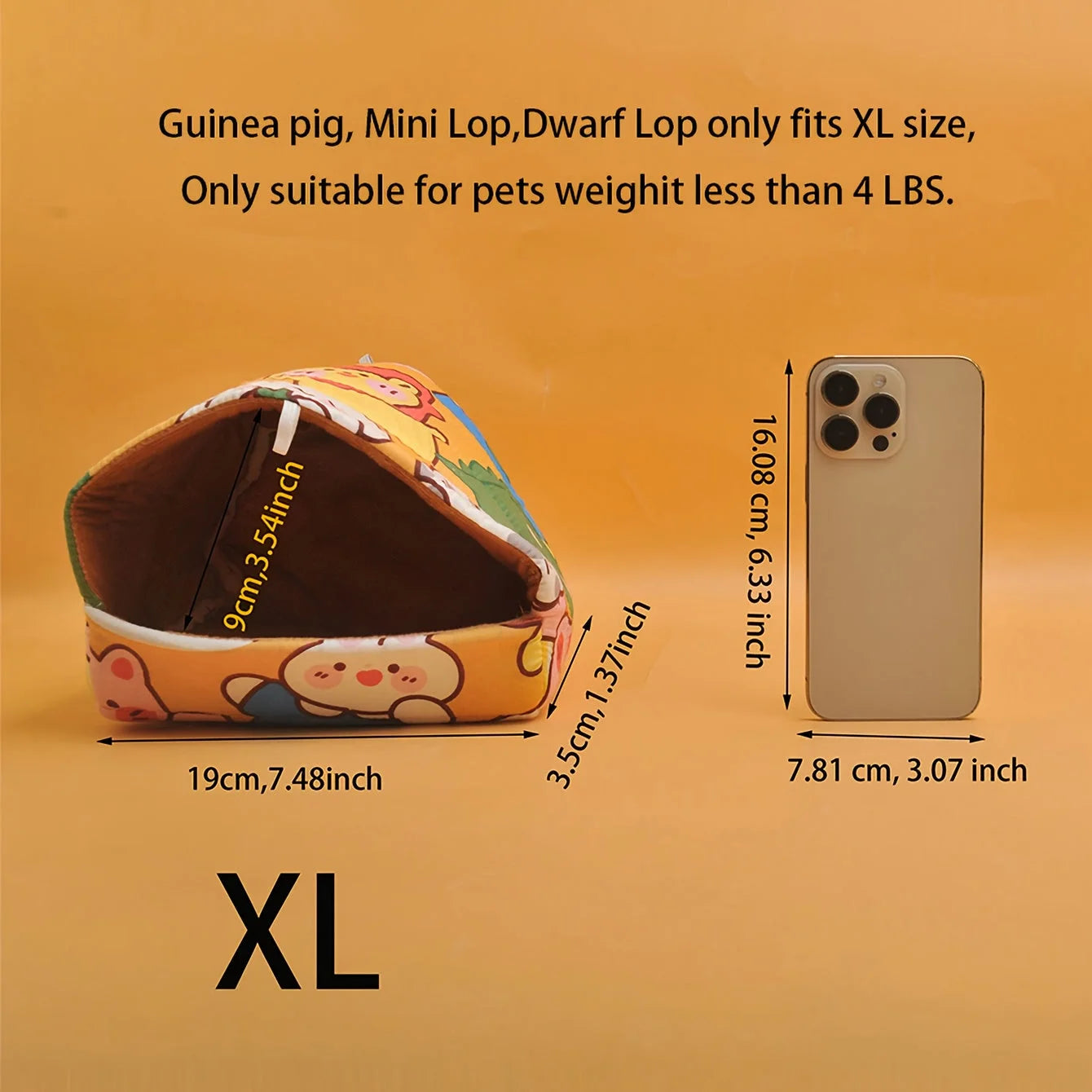 Pet tent with cartoon print, suitable for guinea pigs and small lops, shown alongside a smartphone for size comparison.