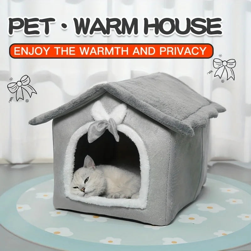 Pet warm indoor heated cat house providing warmth and privacy for cats.