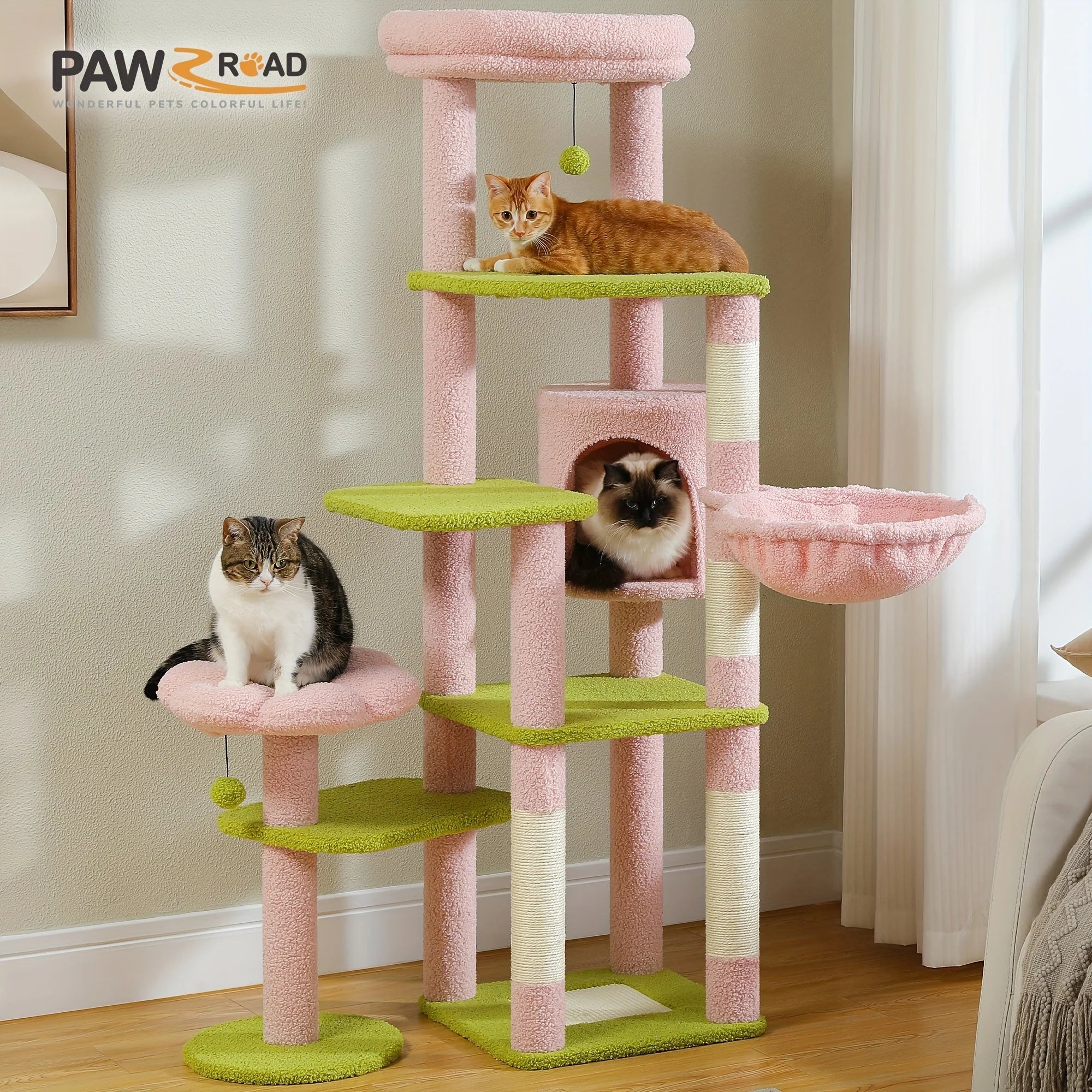 A stylish pink and green cactus cat tree featuring multiple levels, a cozy cubby, and soft platforms with cats enjoying the space."